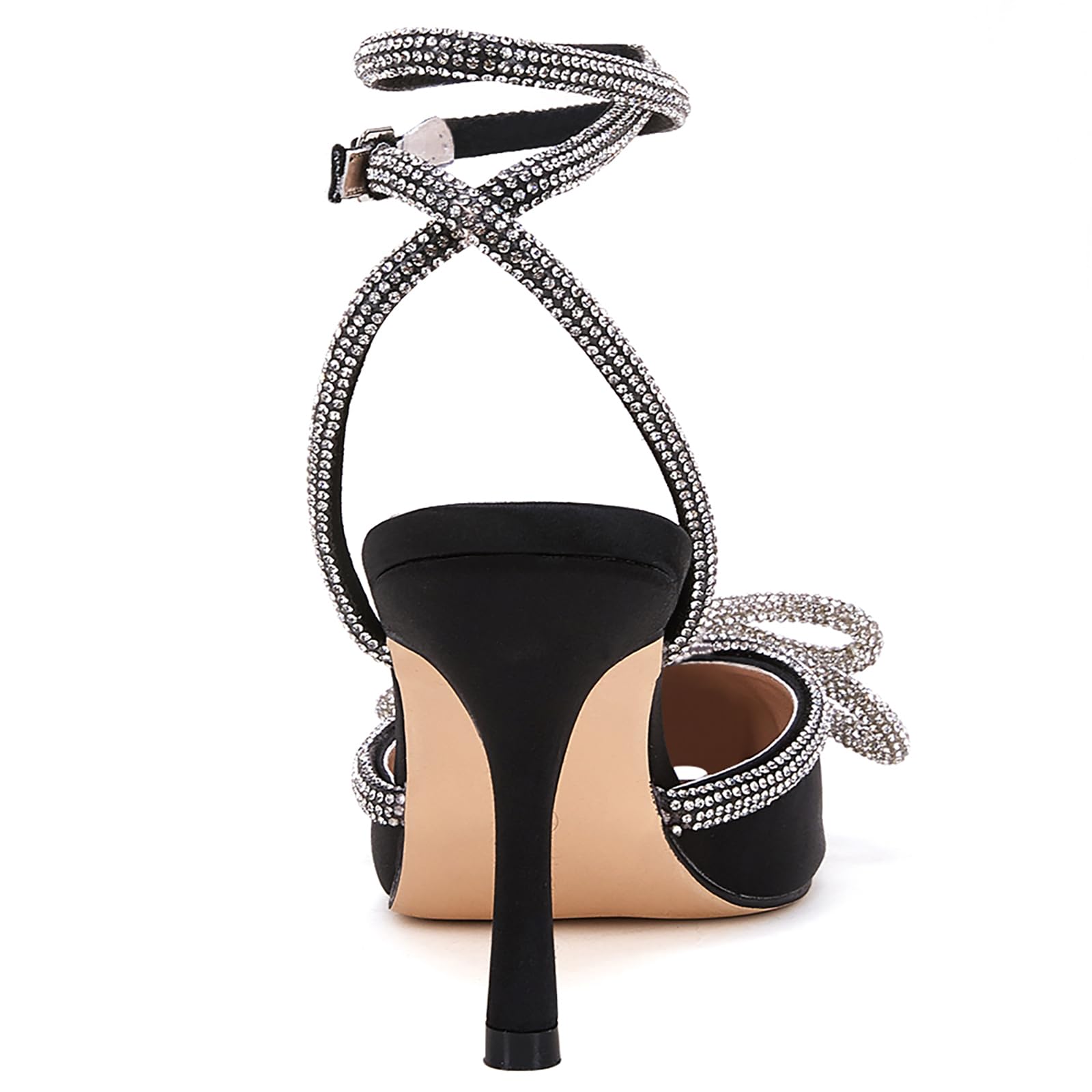 VETASTE Women's Double Bow Pointed Toe Ankle Strap Crystal Pumps Wedding Bridal Party Stilettos Backless Satin Heeled Sandals: 10 Black