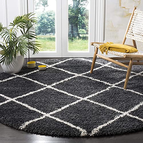 Image of Trellis Design Microfiber Hand Woven Shaggy Carpet Collection with 2 inch Pile Height Carpet for Living Room Size 11x11 feet Square coular Dgrey /Ivory