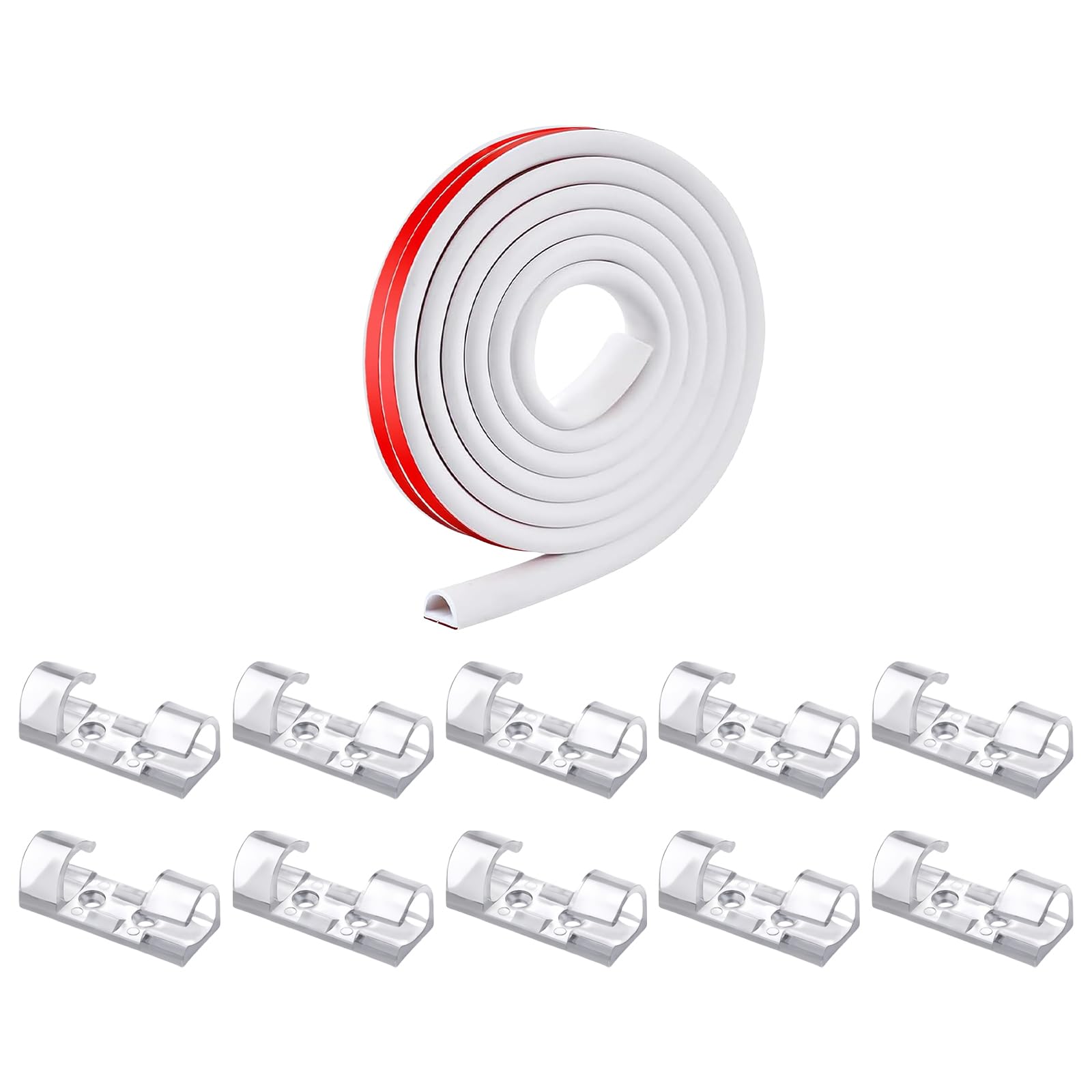 Vauki Canalina flessibile per cavi da 3 m, colore bianco, autoadesiva, in gomma morbida in PVC, per pavimento e parete, 10 morsetti in plastica trasparente, organizer per cavi di rete, cavo dati