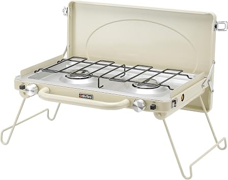 Portable Camping stove 2-Burner, Propane Gas Stove with Foldable Legs, Camp Stove for Camping, Patio, Backyard, Picnic, Tailgating, RV, BBQ, GS331 Off-white