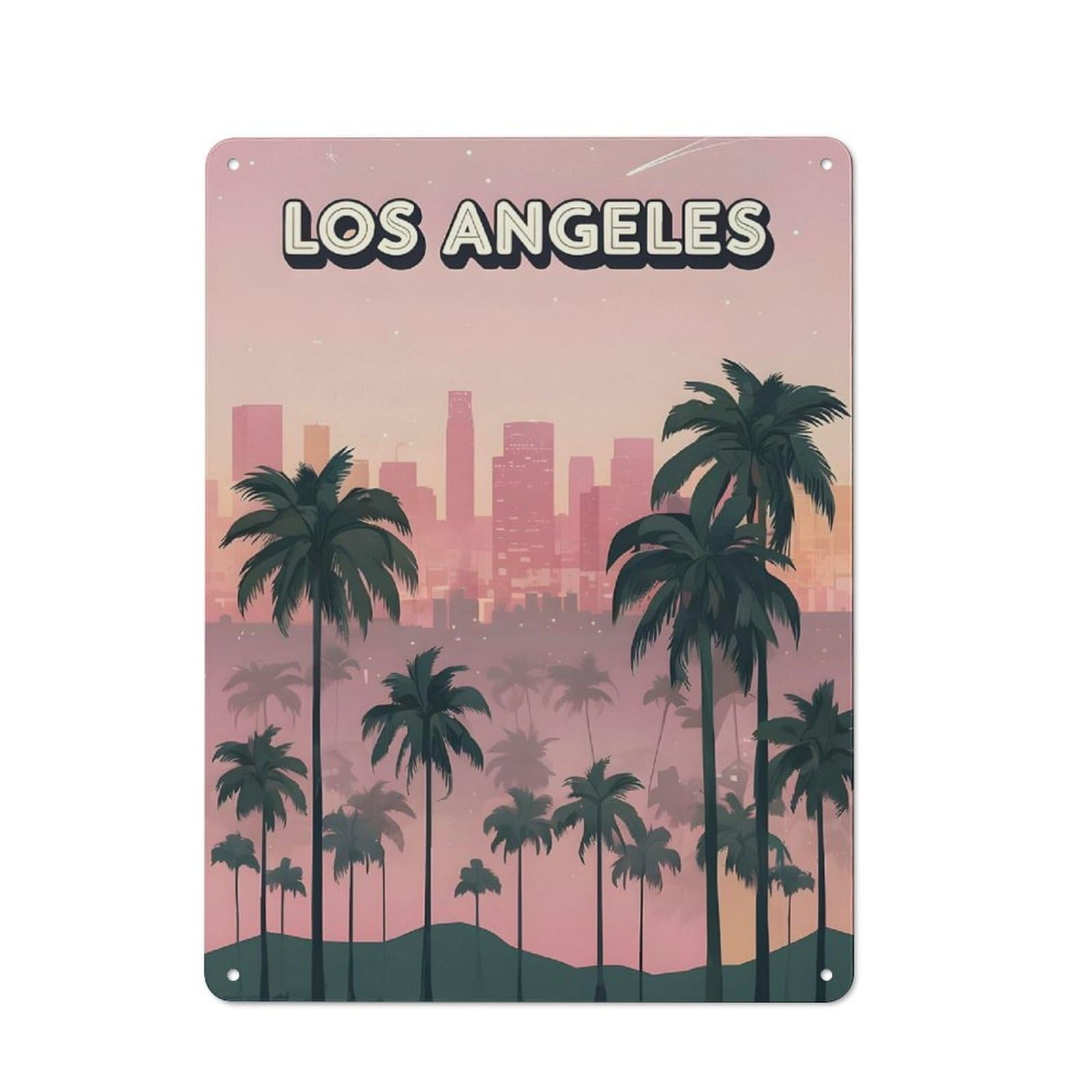 Junmoney Style-20 Los Angeles Palm Trees Cityscape Rustic Metal Plaque 40X30cm For Living Room Or Hallway, For Garage, Workshop And Man Cave Decoration