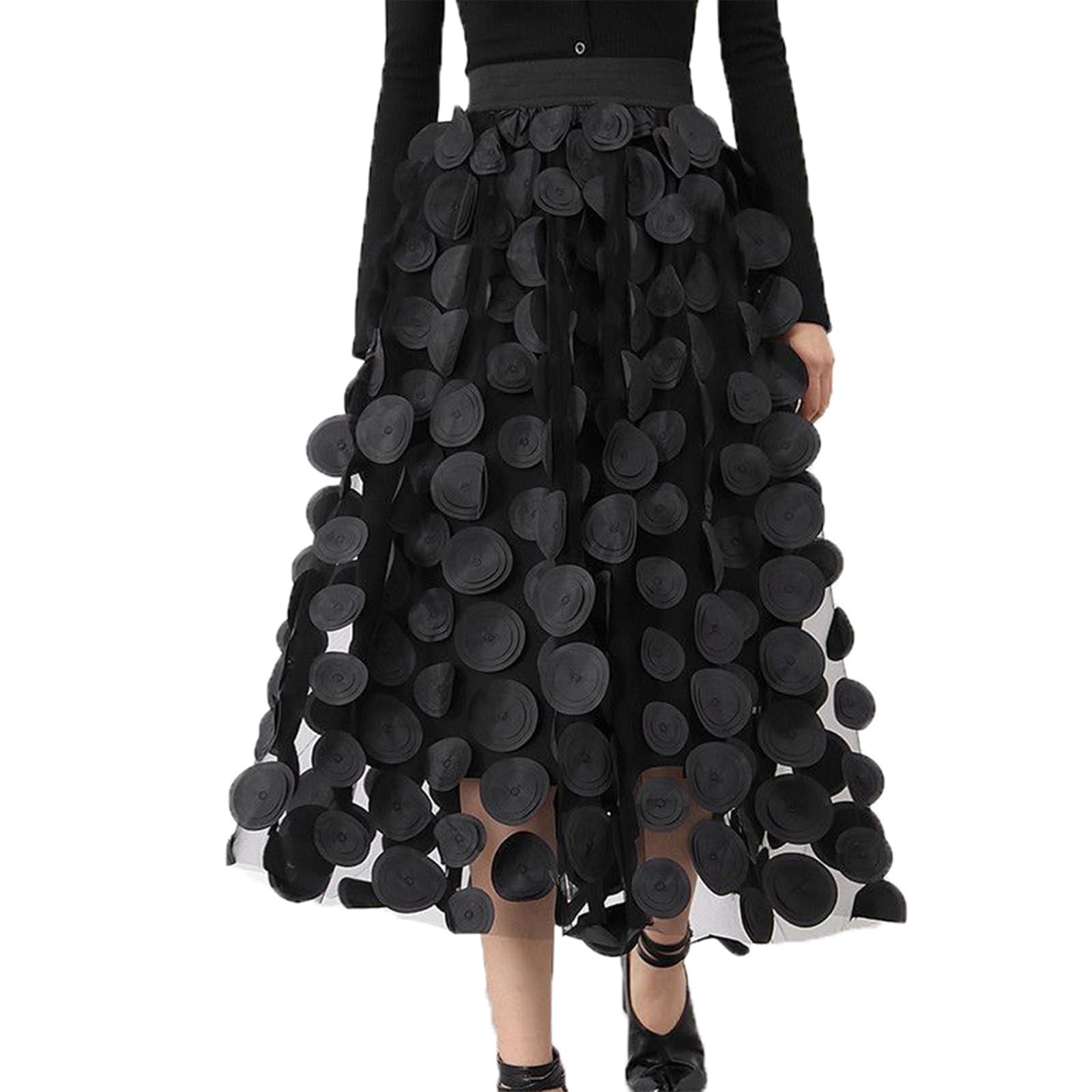 Falda de tul para mujer, diseño de lunares 3D, cintura elástica, de malla, acampanada, falda midi para boda, Halloween, fiesta