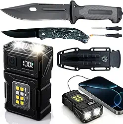 Kit Tático Sobrevivência Faca Aço Canivete Dobrável Lanterna LED 7 Modos Powerbank Recarregável Imã Pederneira Apito Aventura Camping Pesca Militar Emergência Portátil USB