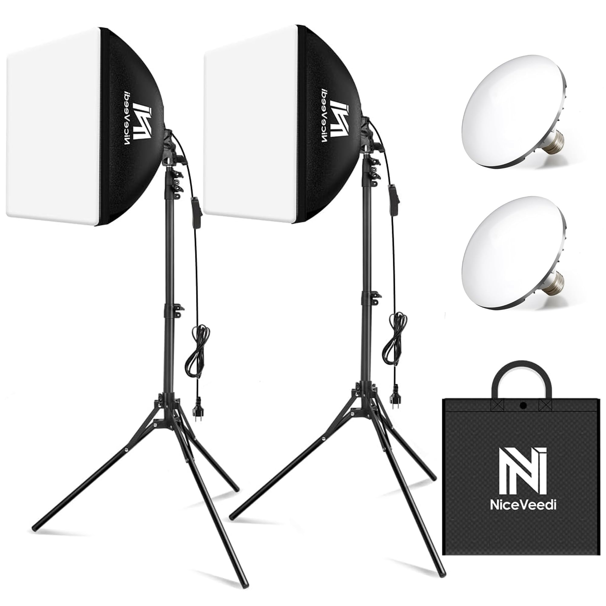 Niceveedi Photography Light Kit, 5400K Softbox Light With 160cm Tripod Stand &50W/450W Equivalent LED Bulb, Continuous Studio Lighting for Video Recording/Live Streaming/Selfie/Camera Filming (2-PACK)