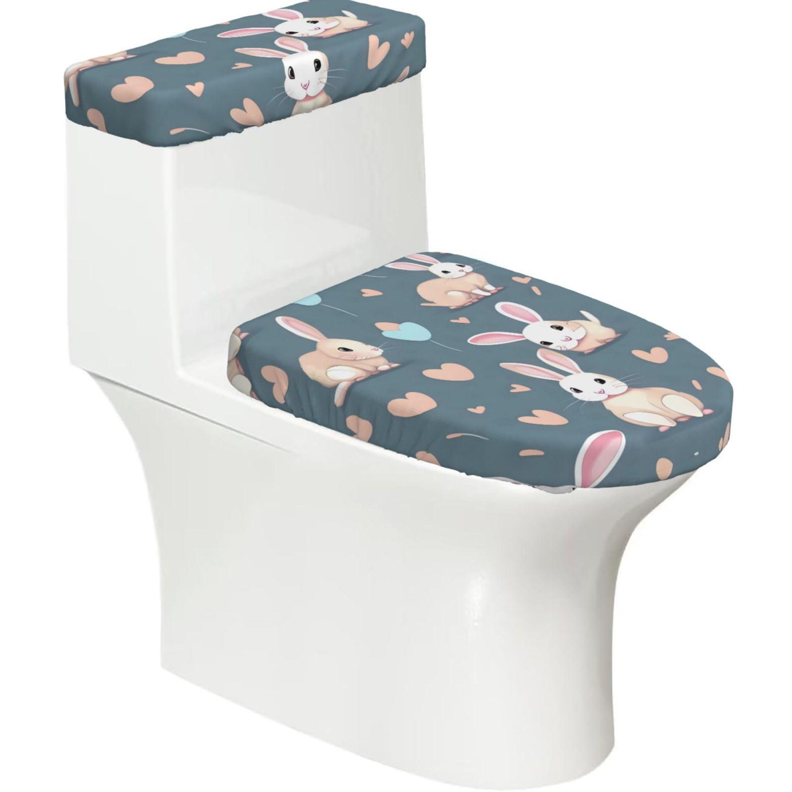Cntdbu Black Cartoon Cute Bunny Stretchy Toilet Lid And Tank Cover Set-Soft Elastic Bathroom Decor For U Shape Oval