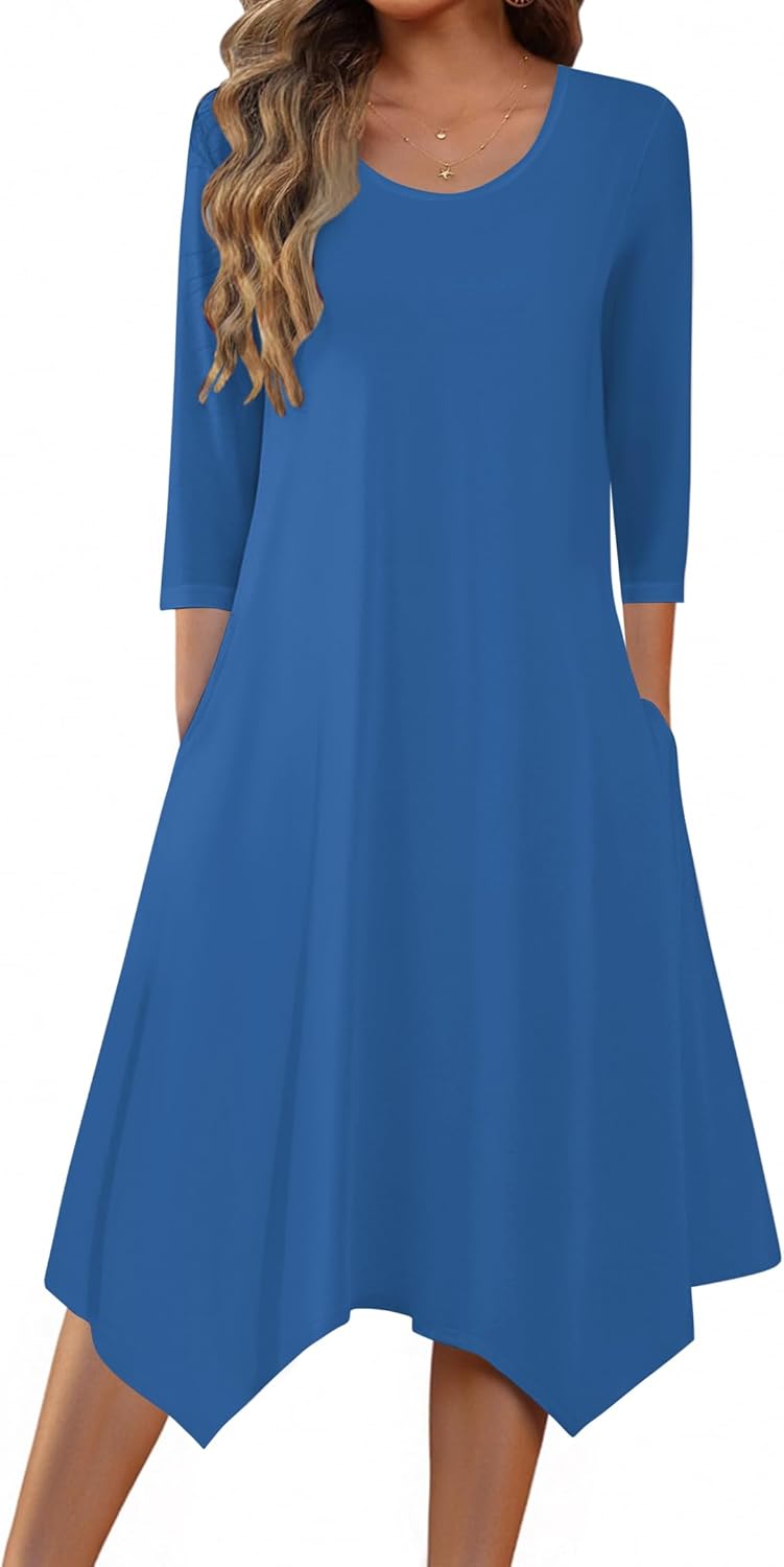 Zeagoo Midi Women 3/4 Sleeve Dress Casual Dresses with Pockets 2025 Fall A Line Dress Elegant Formal Modest Dresses