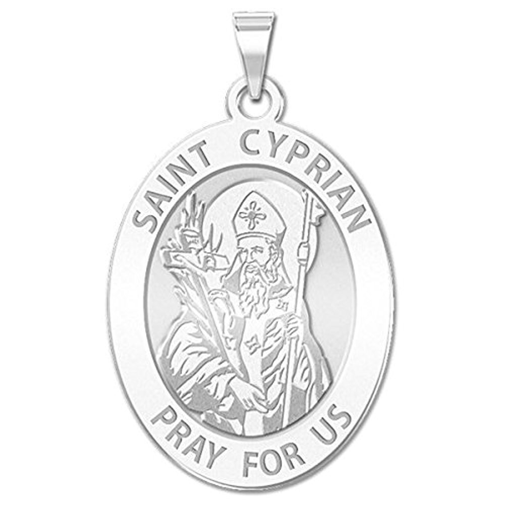 PicturesOnGold.com Saint Cyprian Oval Religious Medal in Sterling Silver and 10K or 14K Gold Only Medal or With Engraving - Protection Jewelry Christian Gifts for Men & Women