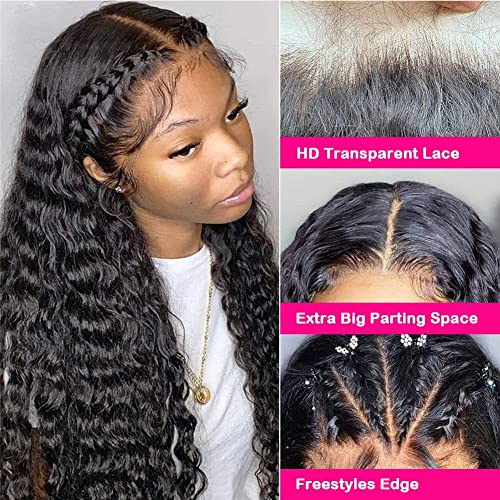 Image of Lace Front Wigs Human Hair Water Wave 13x4 Lace Frontal Wigs for Women Wet and Wavy Lace Front Wigs Deep Wave Human Hair Wigs Pre Plucked Natural Black Color 180 Density 28 Inch
