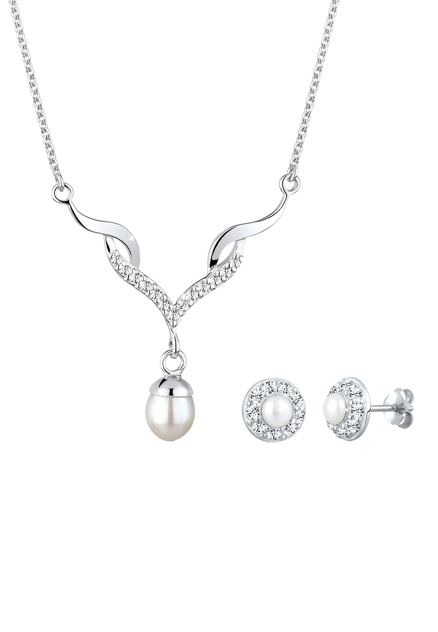 Elli Women's 925 Sterling Silver Teardrop Freshwater Pearl Necklace of Length 45 cm with Stud Earrings