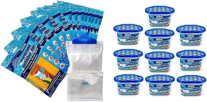 ANSIO Wardrobe Dehumidifier Hanging Bags Pack of 12 Moisture Absorbers, Trap, Condensation   210g Each & Dehumidifier 500ml Condensation Remover Moisture Absorber Dehumidifiers