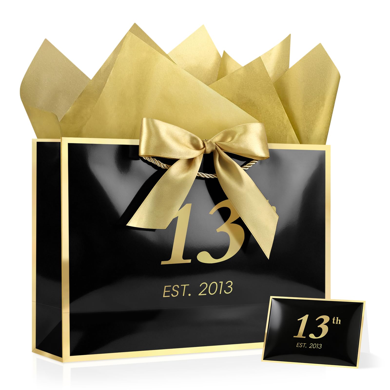 JMANNI 13th Birthday Gift Bag, Medium Black Gold Foil Frame for 2013