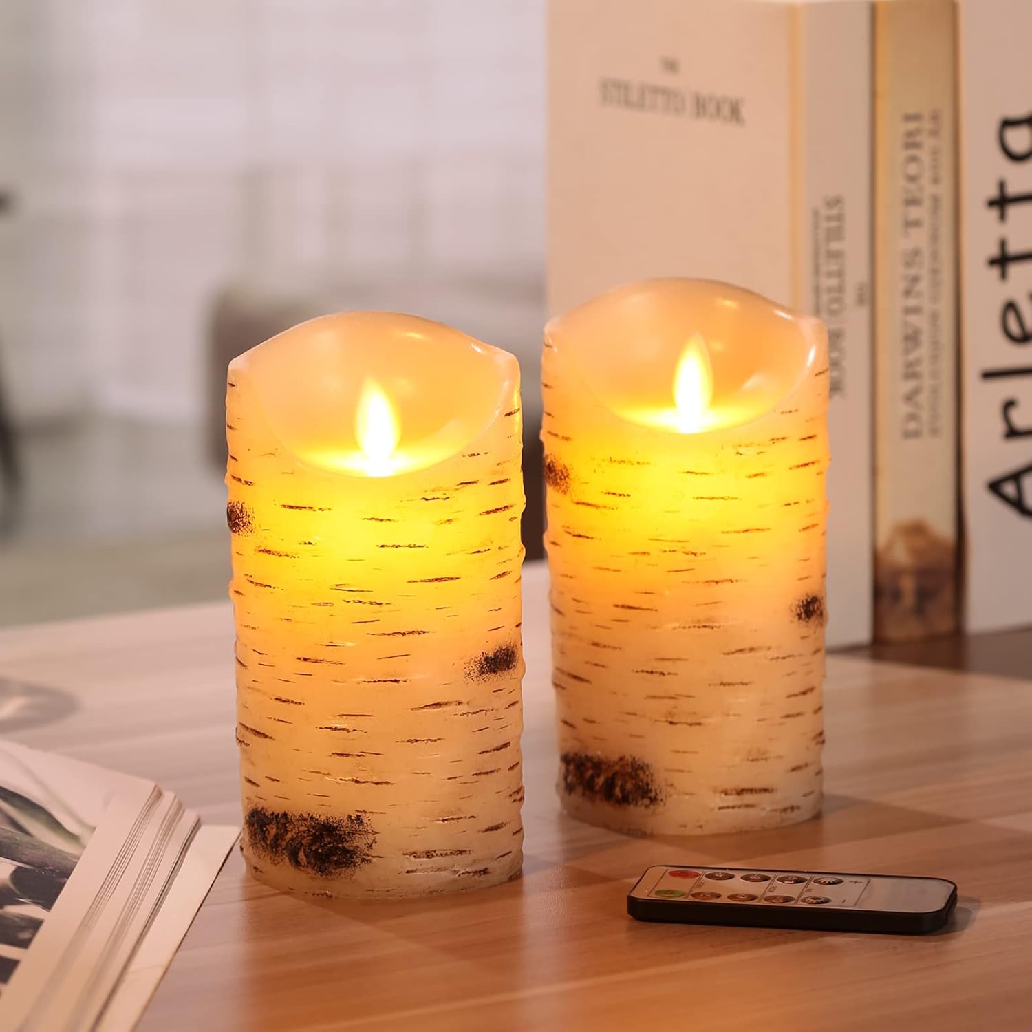 Flameless Candles LED Candles Birch Bark Effect Set of 2 (D:3.25" X H:6") Ivory Real Wax Pillar Battery Operated Candles with Dancing LED Flame 10-Key Remote Control and Cycling 24 Hours Timer : Tools & Home Improvement