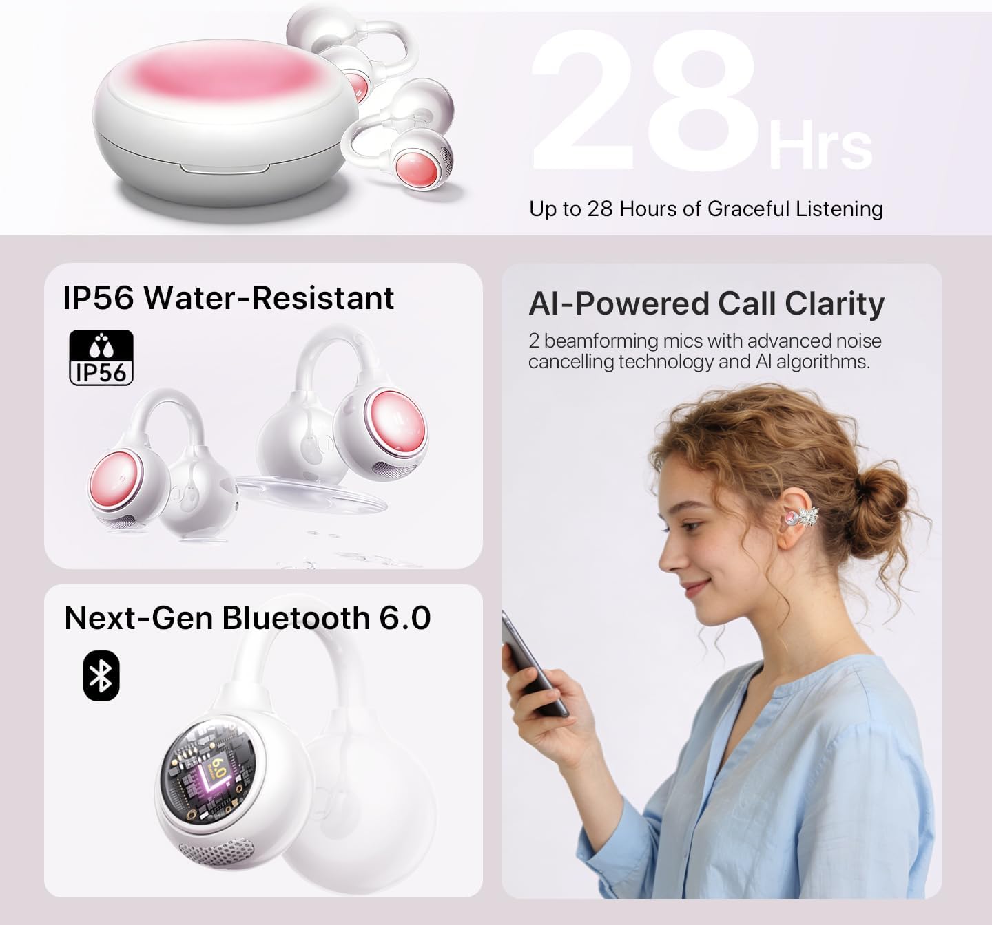 Open Ear Clip Wireless Earbuds Bluetooth 6.0, Powder Compact Case with LED Display & Mirror, Detachable Crystal Butterfly Ear Clips & Bracelet, 28H IPX5 Open-Ear Comfort for Women& Girls Gifts (Pink)