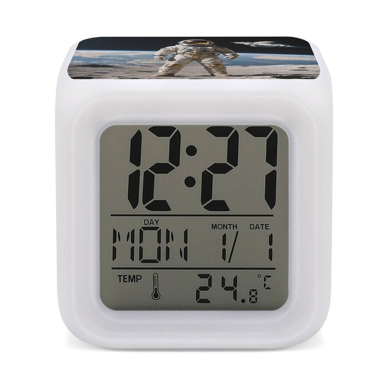 7 Color Ambient Night Light Cube Battery Operated Retro Astronaut Digital Clock with Snooze Temperature LED Digital Alarm Clocks Dimmable Wake Up Light Portable Mood Lamp for Bedroom Desk Gift