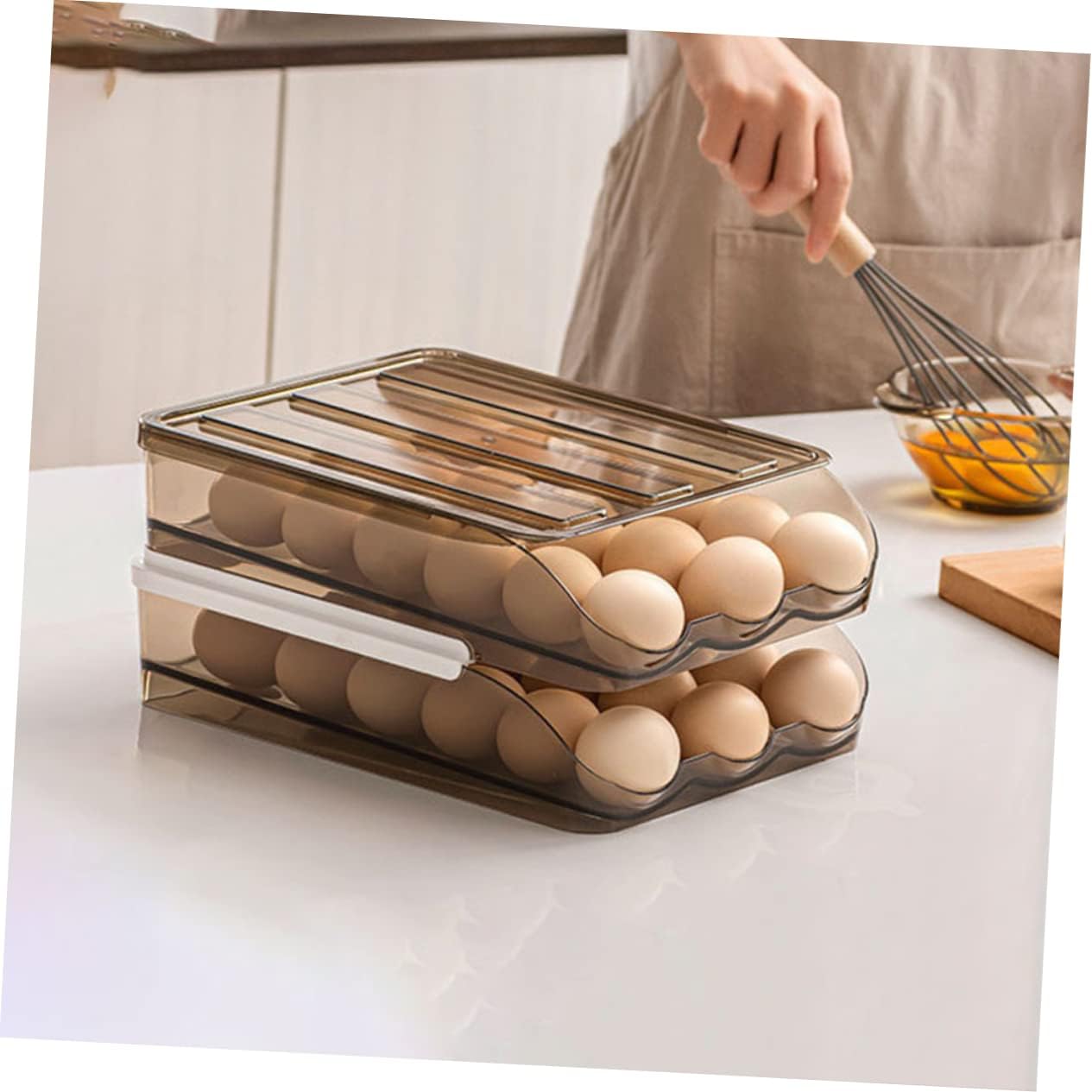 Plastic Egg Storage Holder for Refrigerator Auto Scrolling down Design Space-saving Kitchen Food Container and Organizer for Home and Travel