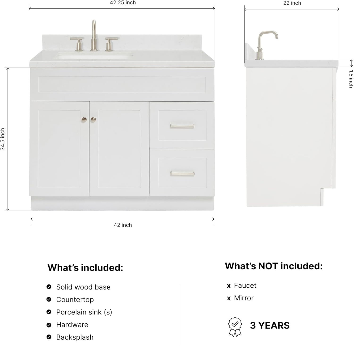 ARIEL Hamlet 42-inch Bathroom Vanity with Sink,Solid Wood, 1.5-inch Carrara White Quartz Countertop & Backsplash, Single Rectangular Porcelain Sink, 2 Soft Closing Doors, 2 Dovetail Drawers, White