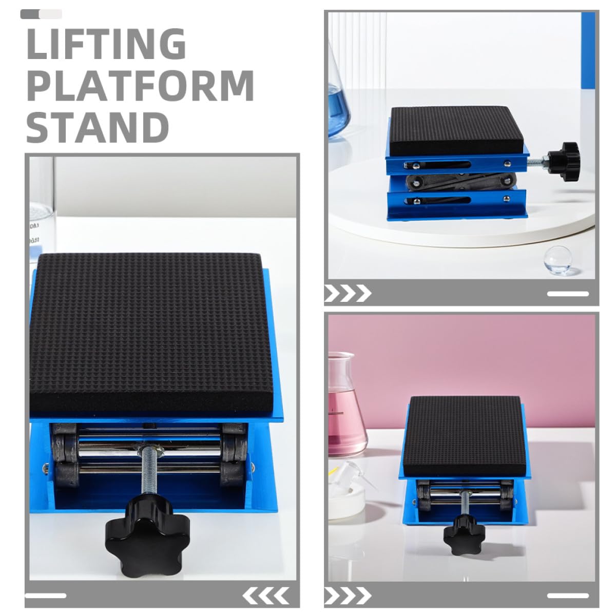 Soporte de aluminio ajustable para gato de laboratorio con amortiguador Absing Spon de 15 x 15 cm, plataforma de elevación de tijera de 7,5 a 27,5 cm de altura, soporte antideslizante para carpintería