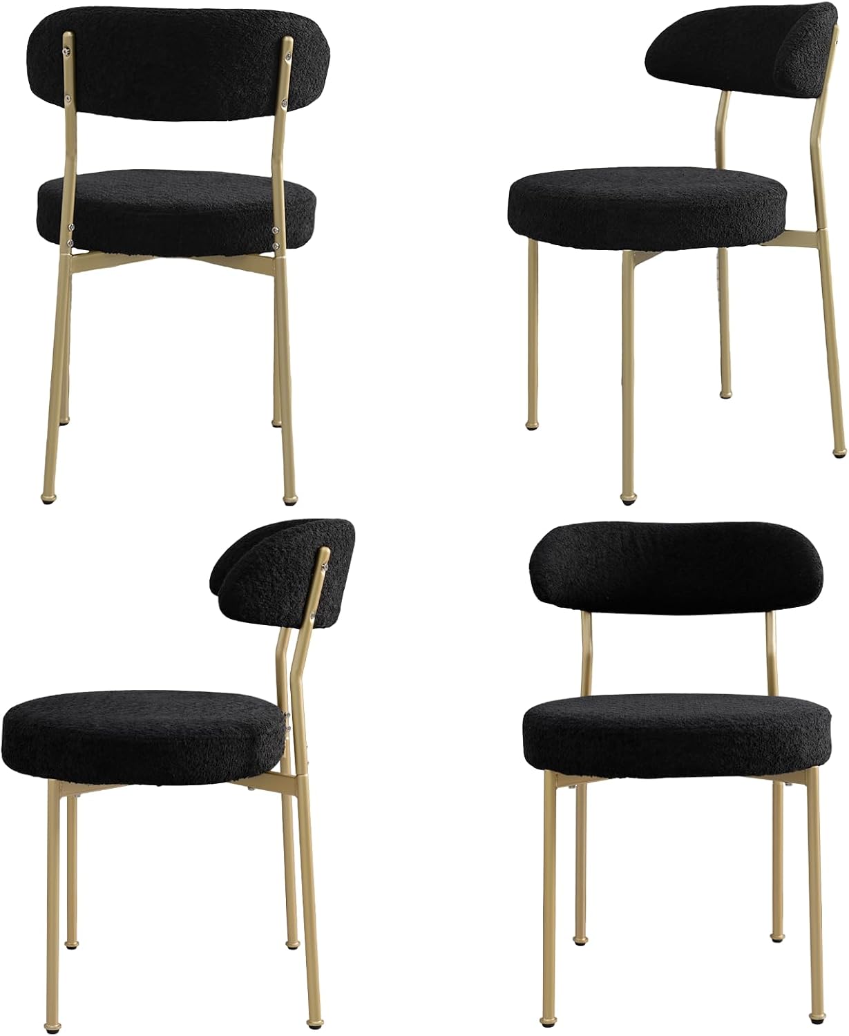 Black Boucle Dining Chair Set of 4,Modern Oval Lambswool Upholstered Dining Chairs,Sturdy and Comfy with Metal Legs,for Dining Room,Restaurant,Kitchen.(Gold Leg)