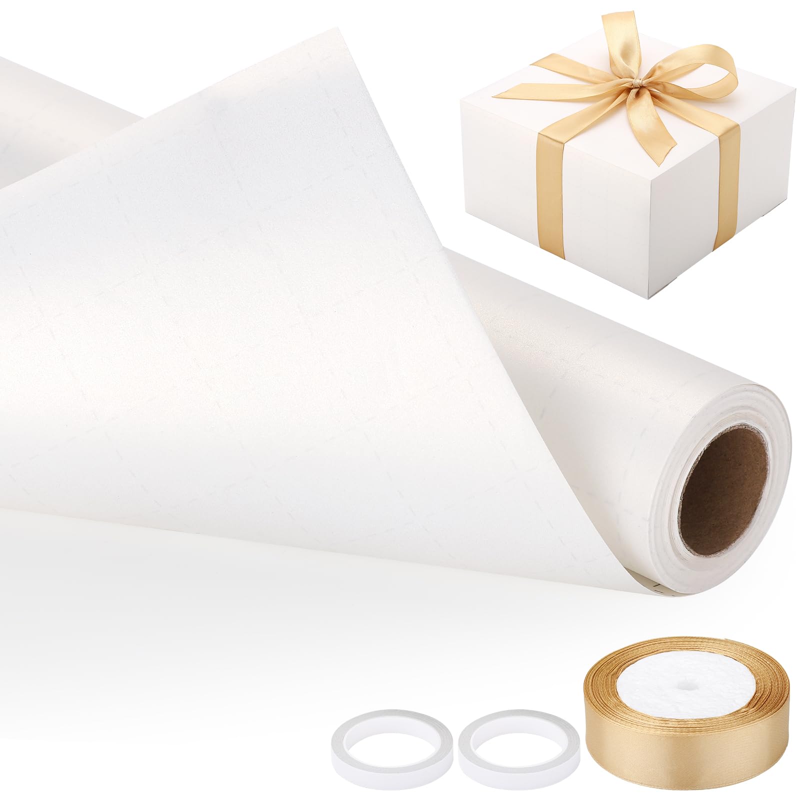 EUSOAR White Wrapping Paper Roll - 1 Set Pearly Gift Wrap Paper 43cm x 10m, 2 Double-Sided Tapes, 1 Roll Ribbon Bow - White Gift Wrap for Flower Birthday Wedding Bouquet