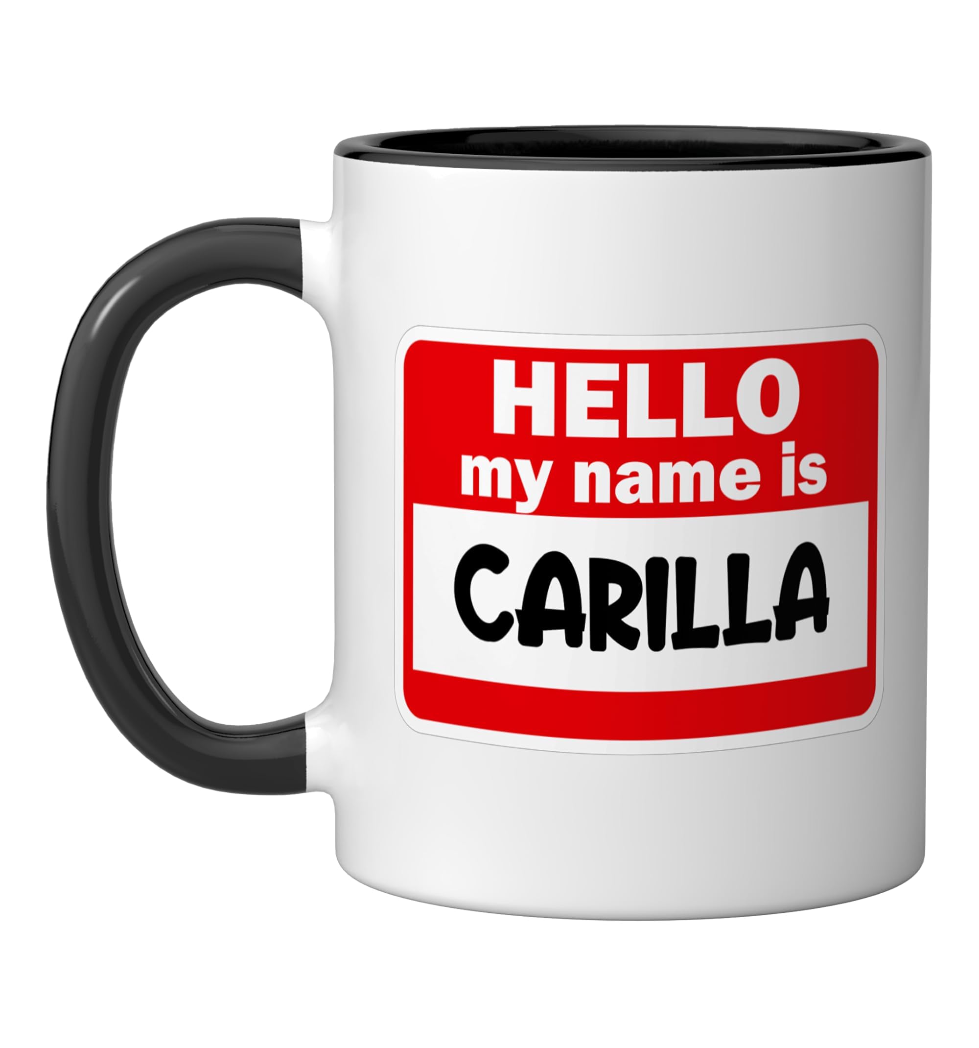 Carilla Hello Hi My Name Is Tshirt Name On Custom Ceramic Mug, Black/White