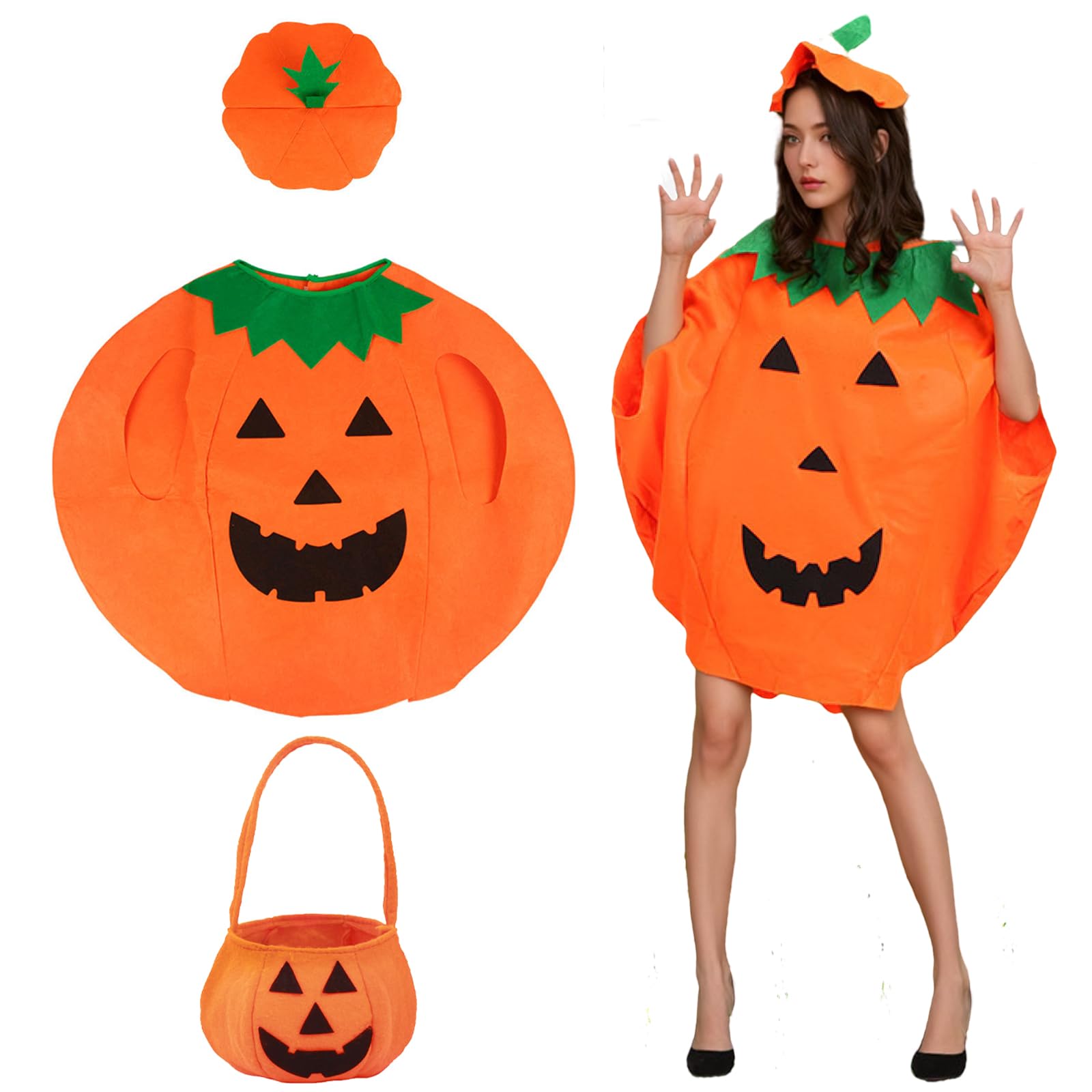 GWAWG Disfraz divertido de calabaza de Halloween con bolsa de dulces de calabaza para adultos y niños, disfraz ligero de frutas para Halloween, cómodo traje de frutas unisex para fiesta temática de