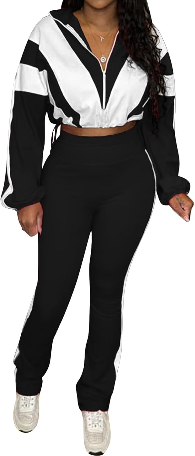 Women 2 Piece Tracksuit Long Sleeve Zip Drawstring Cropped Jacket Flared Leggings Outfits Jogger Sweatsuit Sets