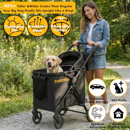 Image of PAWZIDEA Dog Stroller for Large Dogs Up to 80 lbs, No-Zip 180 Reversible Canopy, One-Hand Foldable Pet Stroller for 2 Medium Dogs, Heavy Duty & Low-Entry, All-Terrain Jogger Wheels, Storage Organizer