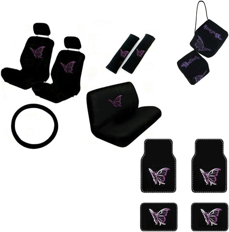 A set of 16 Piece Automotive Gift Set: 2 Lowback Seat Covers, 1 Bench Cover, 1 Wheel Cover, 2 Shoulder Pads, 2 front carpet floor mats, 2 rear floormats, and a Pair of Hanging Dice. - Butterfly Purple
