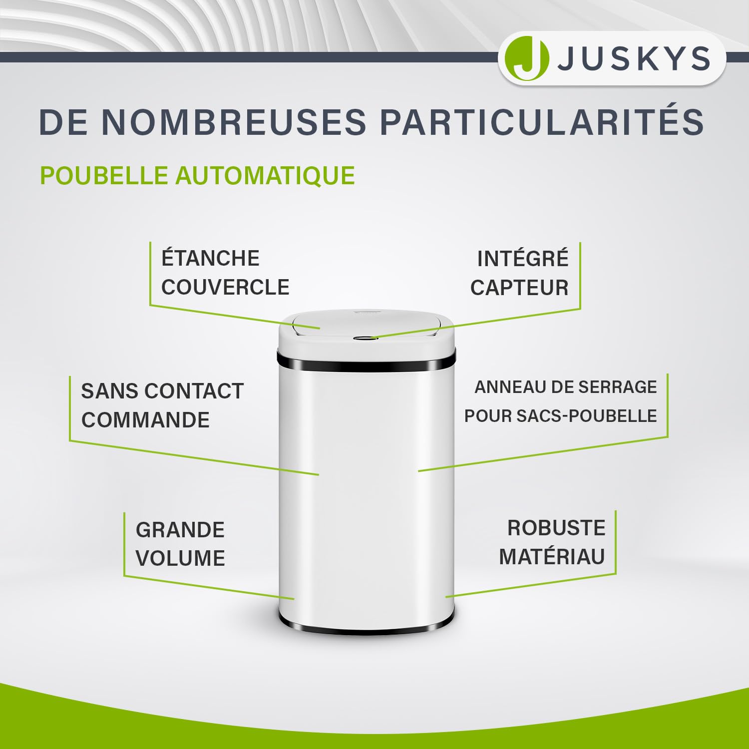 Juskys Poubelle automatique avec capteur de 60 L - poubelle électrique, détecteur de mouvement, couvercle automatique, étanche, rectangulaire, cuisine - blanc