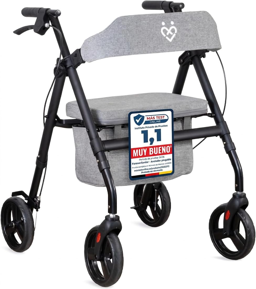 Andador Plegable y Ligero de 9 kg con Asiento – Rollator para Ancianos con Estructura de Acero, Bolsa y Respaldo Acolchado – Andador Estrecho para Interior y Exterior