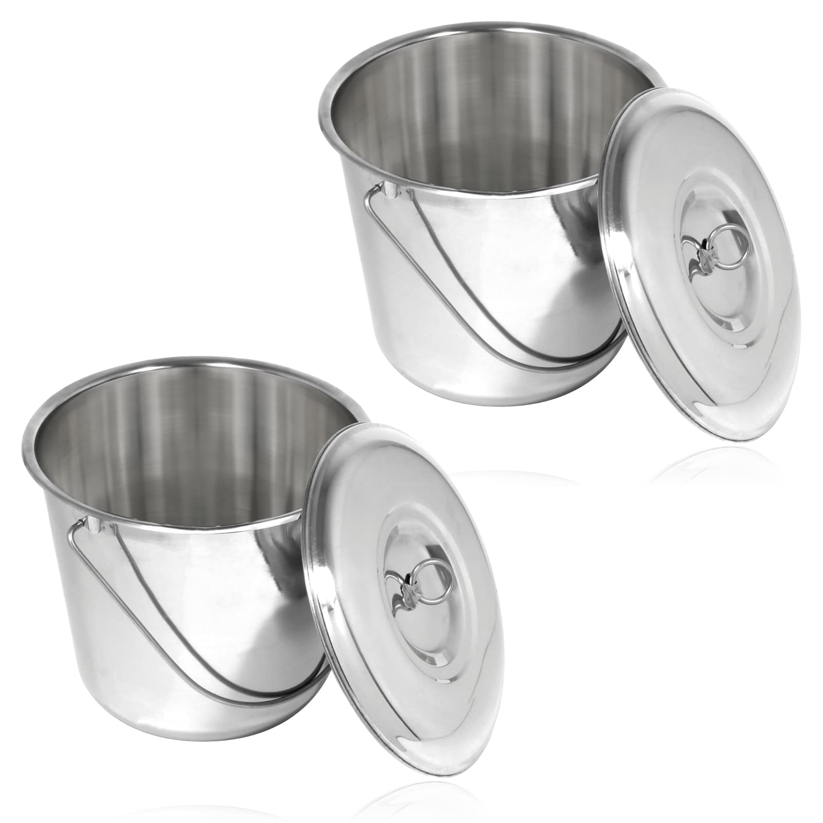 Spares2go 12 Litre Stainless Steel Metal Bucket Handled Pail with Lid for Horse Equestrian Stable Feeding Watering (Silver, Pack of 2)