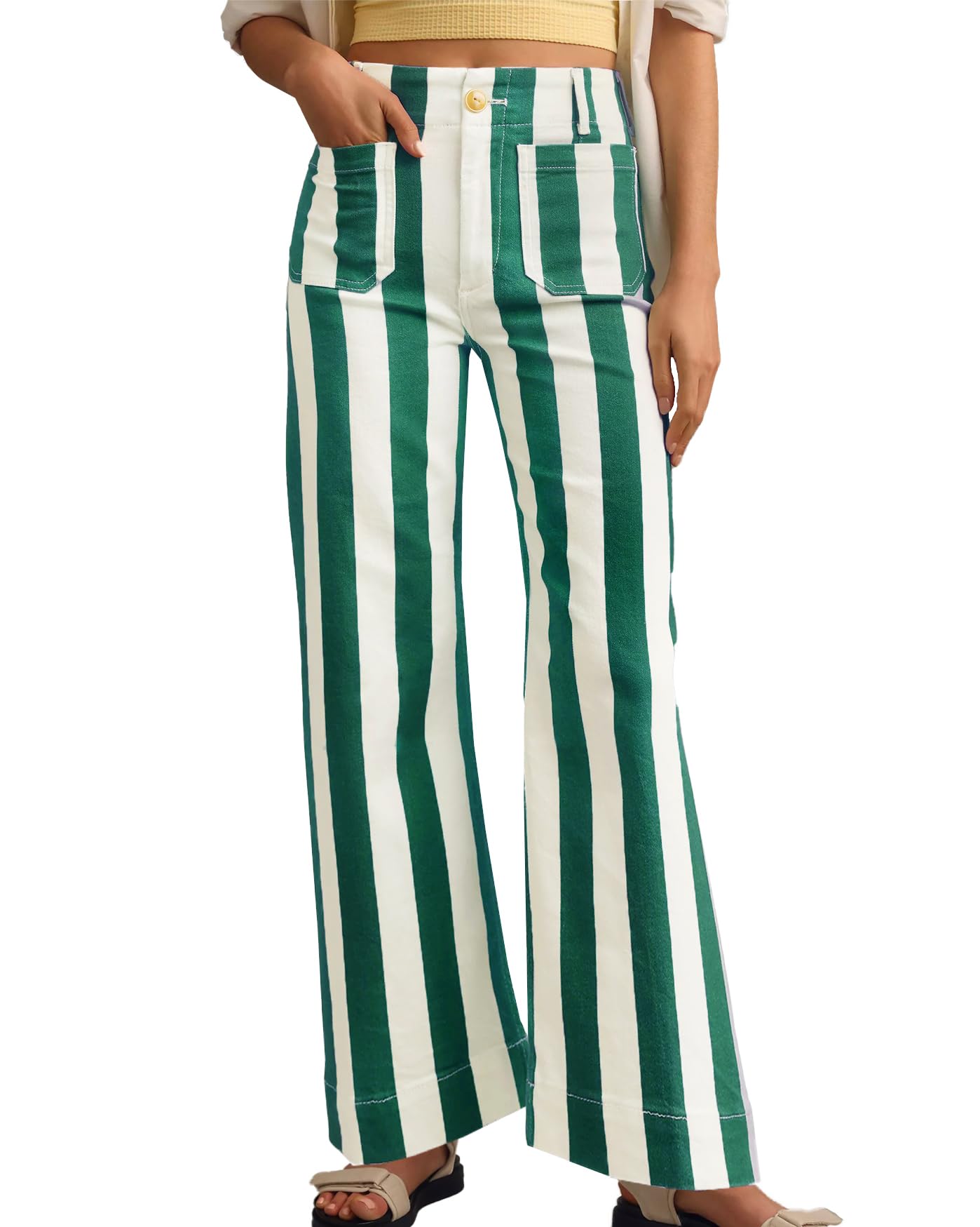 Kedera Womens Striped Pants Wide Leg Trousers Casual High Waisted Fun Pants Flare Jeans with Patched Pockets