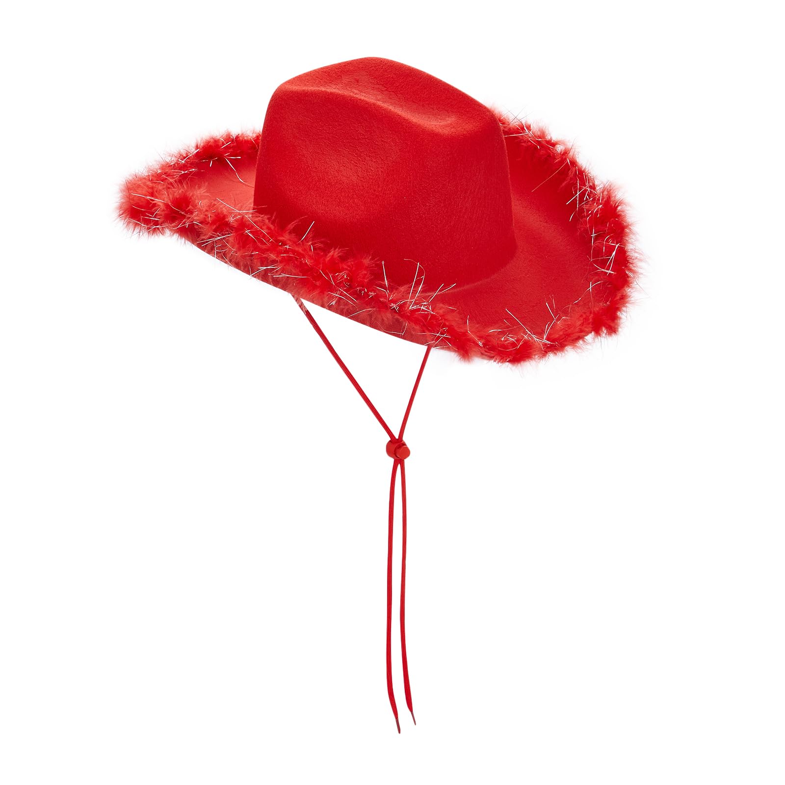 Edhomenn Women Felt Cowboy Hat Fluffy Feather Trim Cowgirl Hat Fancy Dress Up Role Play Cosplay Party Accessory (B-Red, 32cm*42cm*18cm)