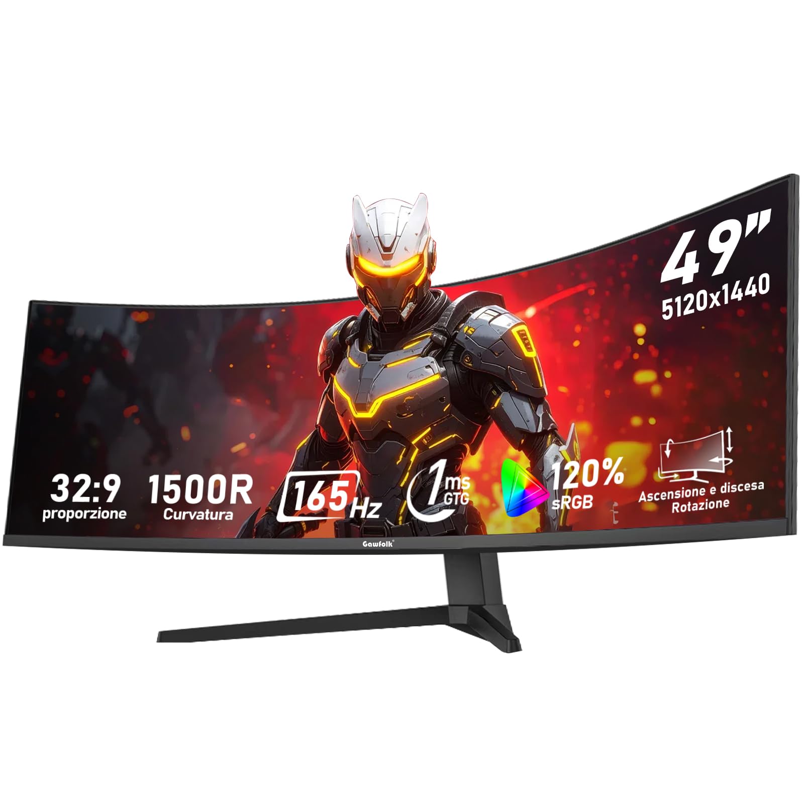 Gawfolk 49 Inch Ultra-Wide Curved Gaming Monitor, 1500R, DFHD (5120 × 1440), 165Hz, 1MS, FreeSync, 120% sRGB, Height Adjustable PC Screen, HDMI2.1 & DP1.4 Interfaces, VESA 75 * 75 mm - Black