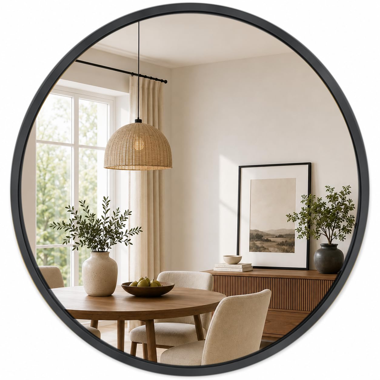 edihome, Espejo Redondo Grande de Pared, Negro 120 cm - Marco de Metal, Decorativo y Colgante, para Baño, Entrada, Recibidor, Pasillo, Dormitorio y Salón