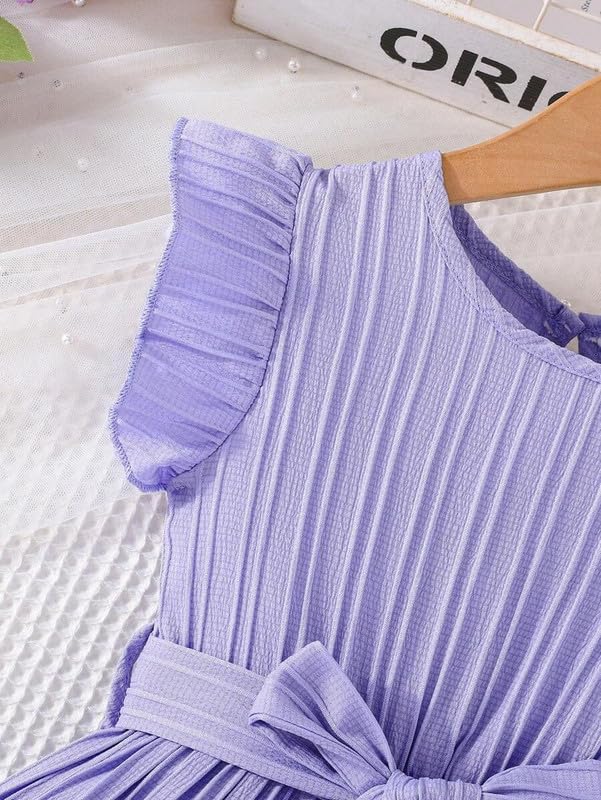 Image of Niren Enterprise Girls' Frill Pleated Design, Ruffle Sleeves, Bow Waist, Elegant Summer & Birthday Party Dress