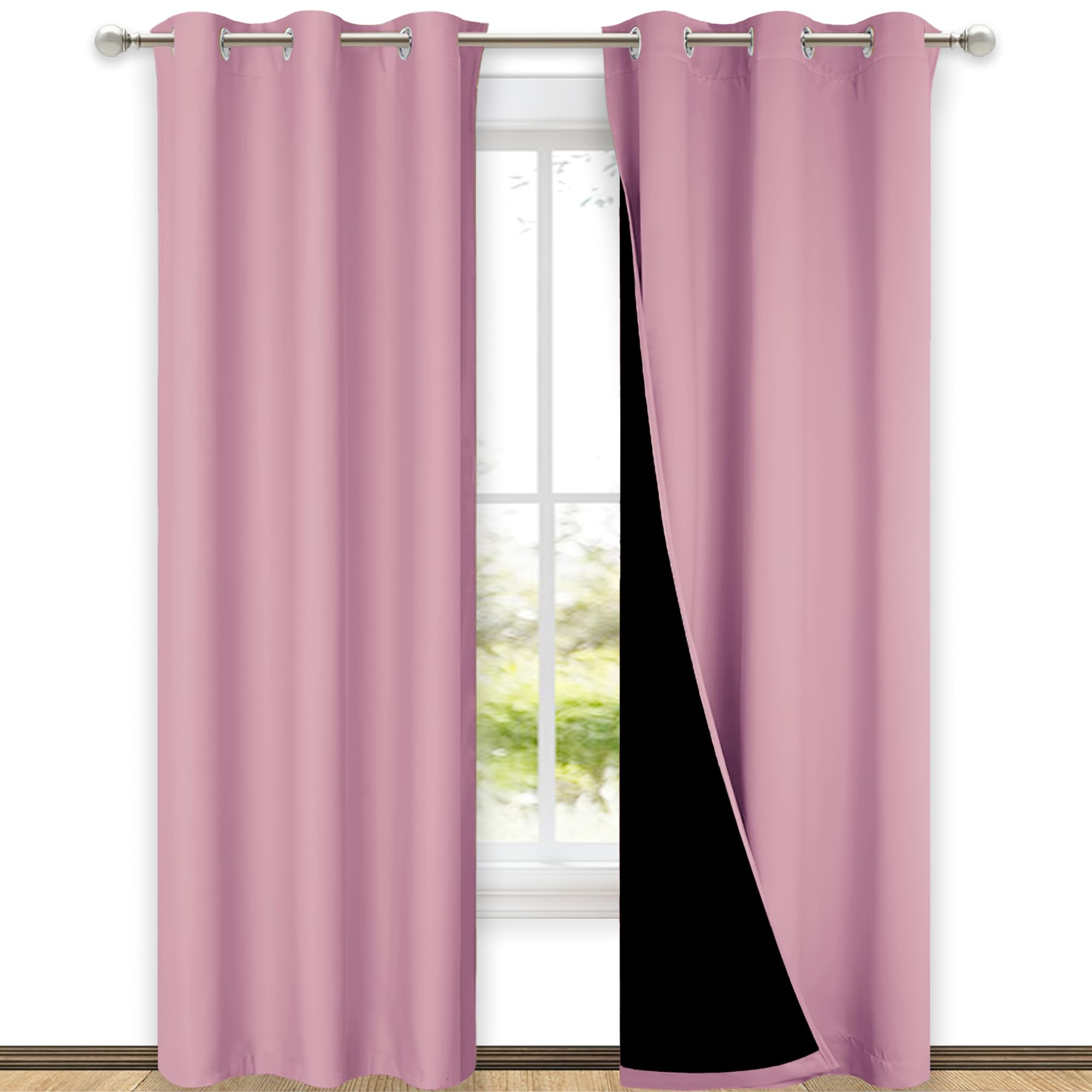 NICETOWN Crystal Pink Full Shade Curtain Panels, Pair of Thermal Insulated &amp; Energy Efficiency Blackout Curtains for Living Room Windows, Lined Silky Performance Window Dressing (42" Wide x 84" Long)