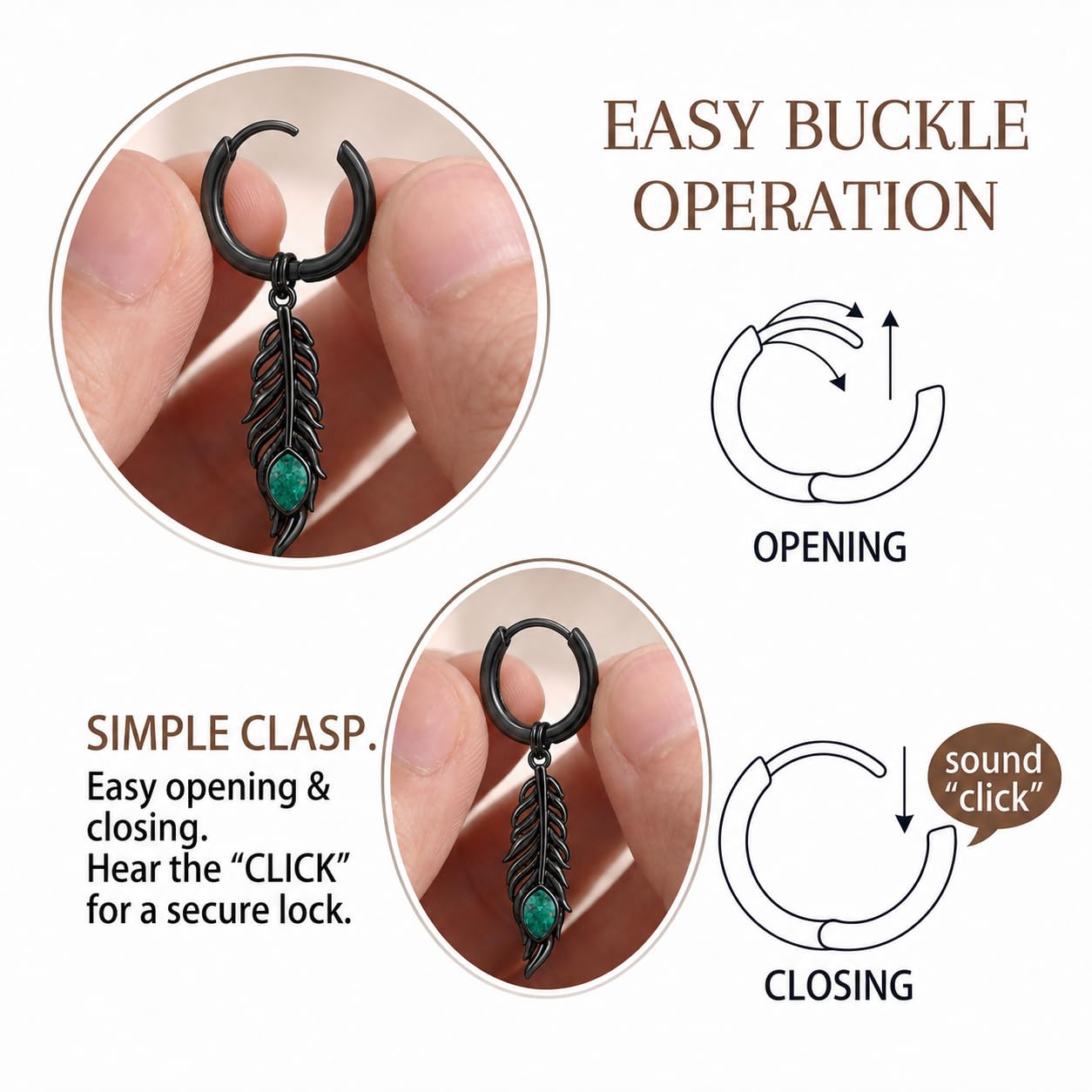REDSUN Orecchini a cerchio in argento Sterling S925 con piuma nera con malachite, orecchini pendenti in stile bohémien, per uomo e donna