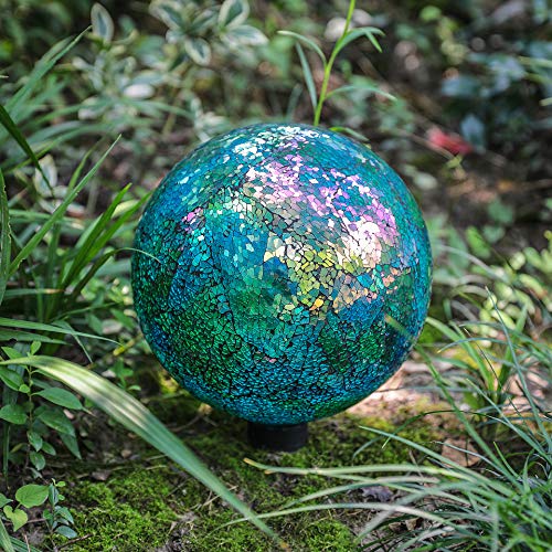 Whole Housewares | Gazing Ball | Garden Gazing Ball Stand | 10 Inch Mosaic Colorful Globe | Iridescent Crackled Glass | Mosaic Garden Globe For Yard & Garden Decoration (Green) #TOP2