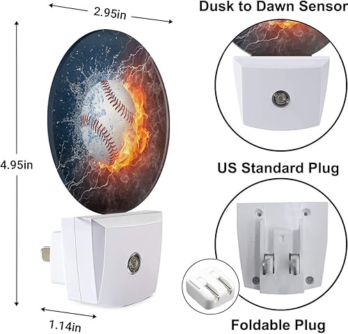 Miniatura 3 de Luces nocturnas deportivas enchufables a la pared, pelota de béisbol en fuego y agua, luz nocturna con sensor de atardecer a amanecer, lámpara LED