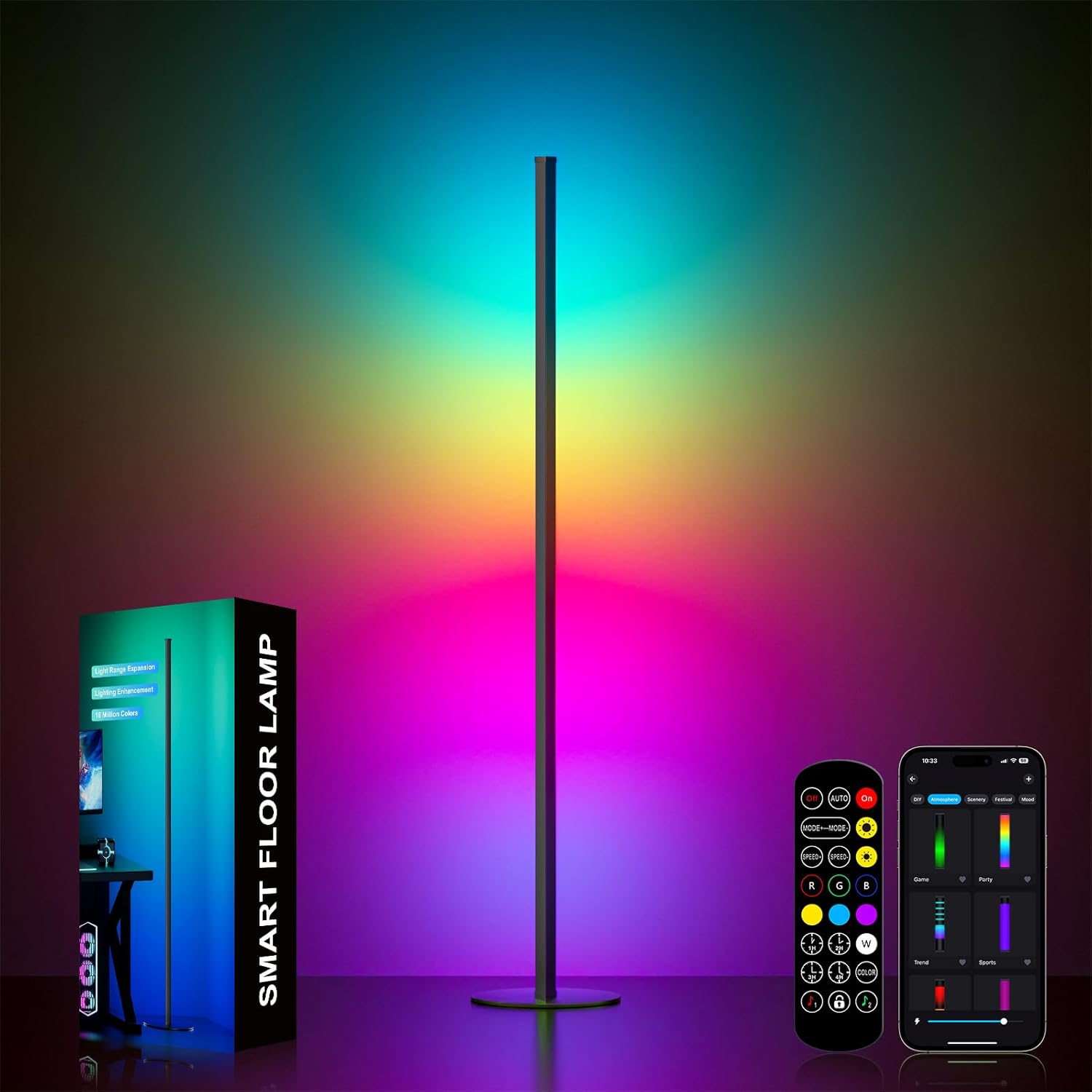 Corner Floor Lamp, Upgraded Corner Lamp APP and Remote Control, 16 Million Colors and Warm White, Music Sync, Timing Function, Color Changing Ambient Light for Living Room Bedroom Gaming
