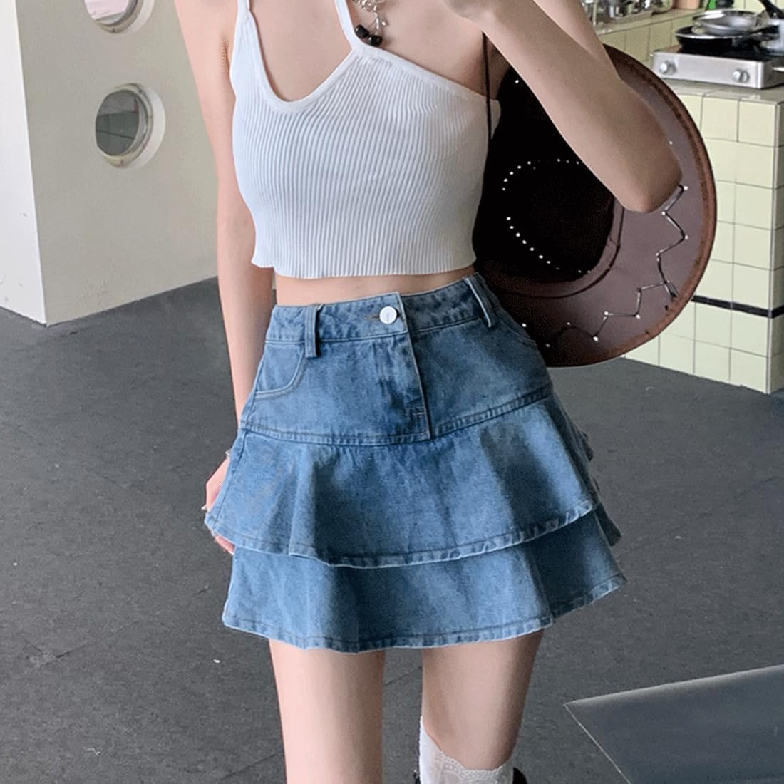 Women Harajuku Y2K Pastel Goth Kawaii Fashion Casual Style High Waist Vintage Ruffle Layered Denim Short Skirt - Image 3