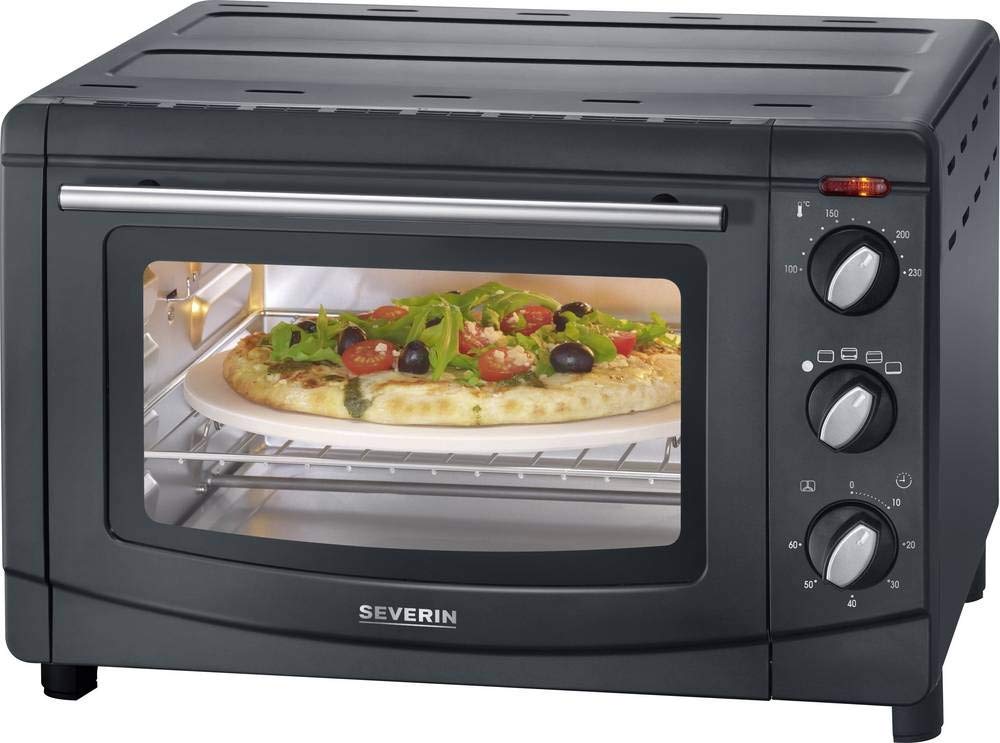 SEVERIN Forno Elettrico e Fornetto Ventilato con Pietra Refrattaria per Pizza e Girarrosto, Mini Forno con Griglia e Teglia, Capacità 20 L, 1500 W, Nero - TO 2068