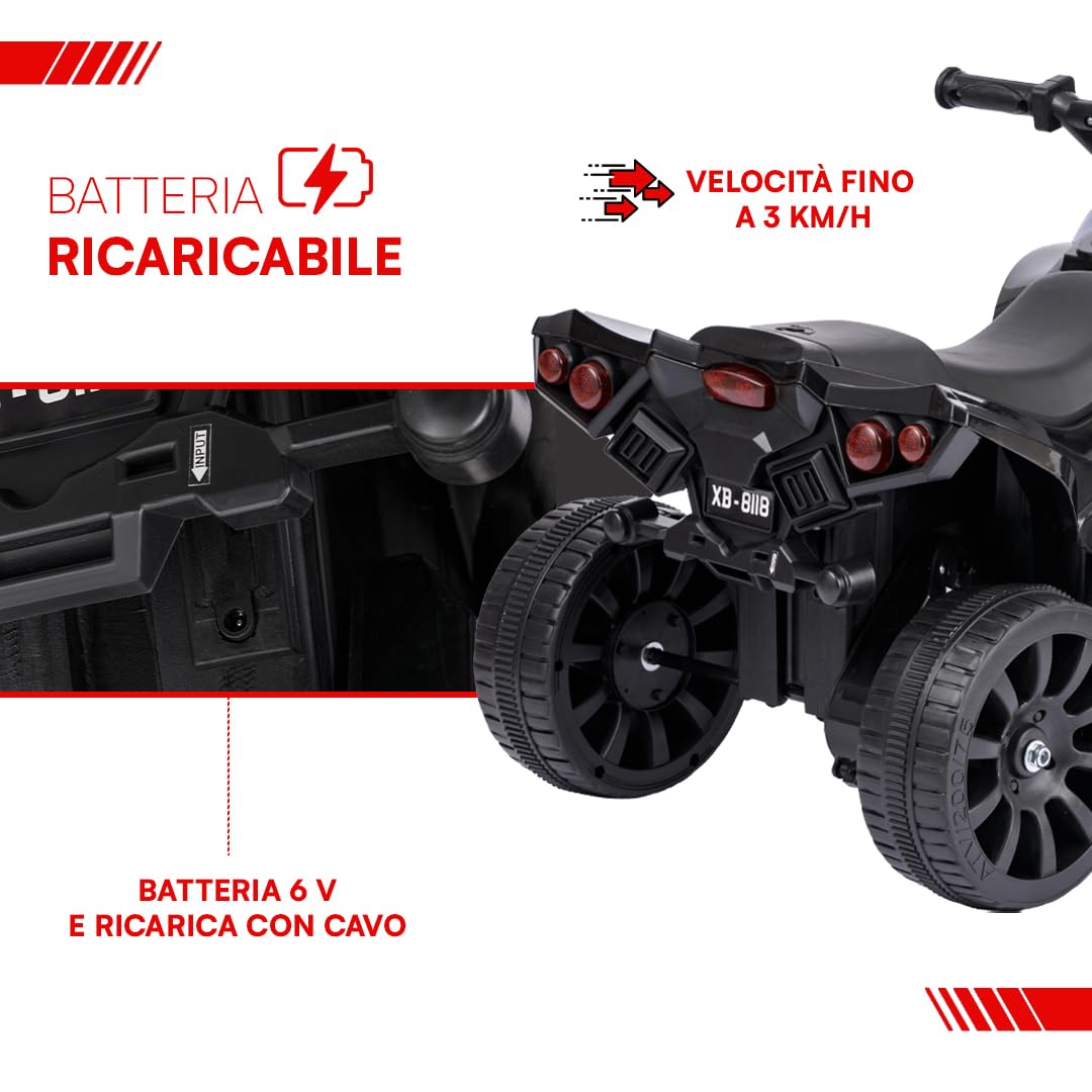 Baroni Toys Quad électrique pour Enfants 1-4 Ans avec Guidon, Effets sonores et Lumineux, Quad avec Marche Avant et arrière, Batterie Rechargeable 6 V, Facile à Assembler, 70x42x45 cm (Rouge)
