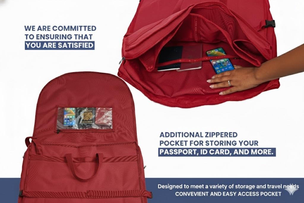 Sturdy Oxford polyester fabric - 72" Wedding Dress Garment Bag - Shoulder Strap - Accessory Pockets - Attaches to Suitcase – Waterproof – Trifold – Designed for Full Skirts – Carry Handle (Red)