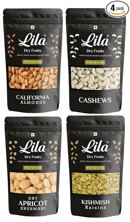 LILA DRY FRUITS Combo Cashews, Almonds, Golden Raisins & Dry Apricots 200gm Each| Kaju, Badam, Kishmish, Khurmani| Combo 800gm at Rs. 499
