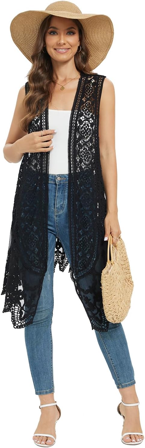 Sheer Cardigan Crochet Sleeveless Cover Up Mesh Patchwork Hippie Vest - Image 6
