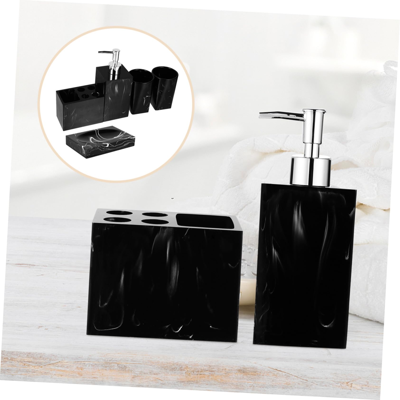 STOBAZA Set de Accesorios para Baño 5 Piezas Soporte para Cepillos, Vaso Enjuague y Jabonera de Resina Estilo Mármol Negro Fácil de Limpiar y Proteger Superficies
