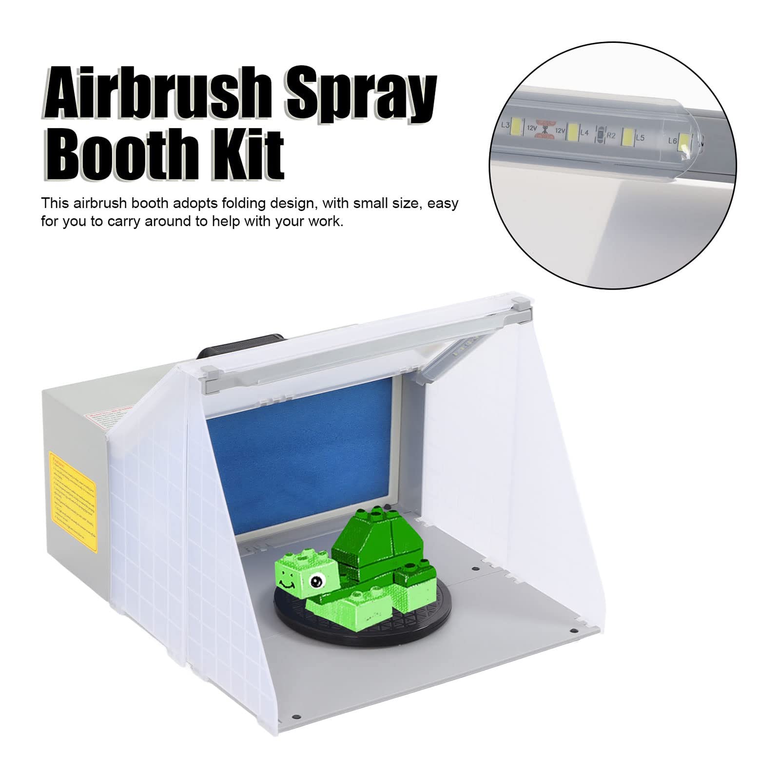Cabina di verniciatura portatile con aerografo, kit cabina di verniciatura a spruzzo, con 3 luci a LED, tavolo girevole e tubo filtrante, cabina di verniciatura a spruzzo professionale con aerografo