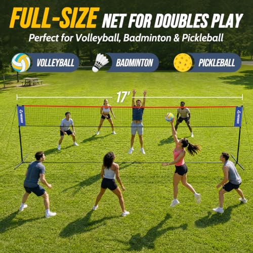 Image of Volleyball Badminton Pickleball 3-in-1 Combo Net Set, 5.1-7.4ft Adjustable Height Sports Nets for Backyards, Portable 17ft Outdoor Net with Carry Bag, Rackets and Balls